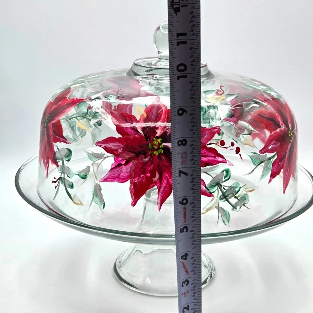 Pedestal Cake Stand with Hand Painted Poinsettias on Domed Lid  One of a Kind‎